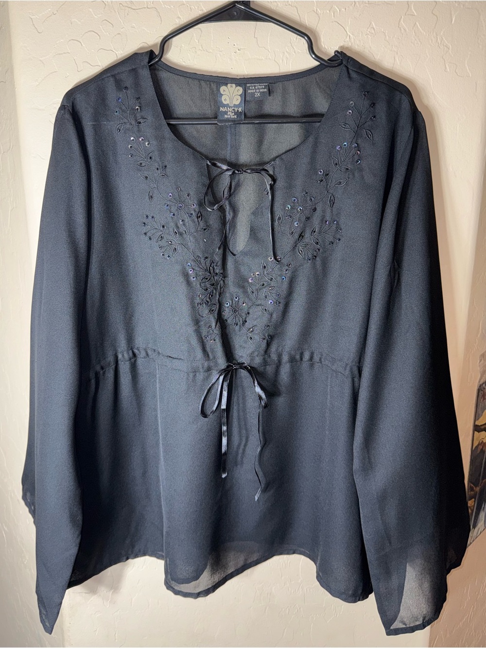 Nancy K Plus Black Beaded Embroidered Sheer Tie Front Boho Peasant Blouse 2X